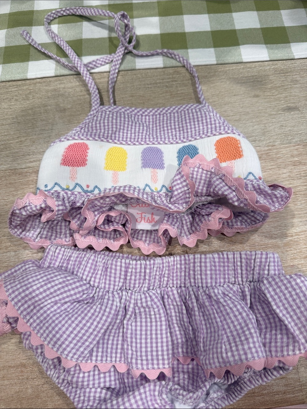 Girls' Lilac Gingham Two-Piece Swim Set with Ice Pop Embroidery